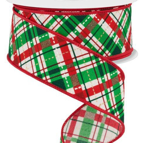 Wired Ribbon * Diagonal Bias Look Plaid * Ivory, Red. Green, Cream, Gold * 1.5" x 10 Yards * RGE179445 * Canvas