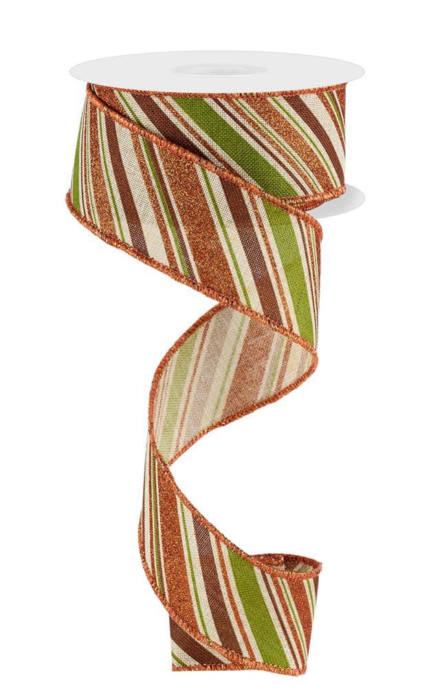 Wired Ribbon * Diagonal Stripe * Lt. Natural, Moss, Brown, Orange * 1.5" x 10 Yards * RGE182444 * Canvas