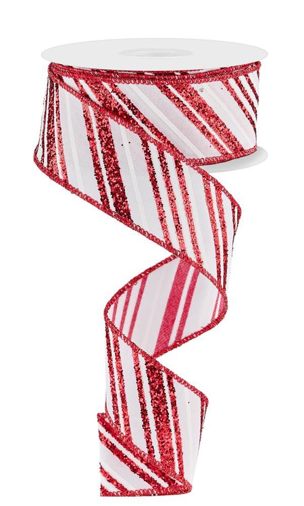 Wired Ribbon * Glitter Diagonal Lines * Red and White * 1.5" x 10 Yards * Canvas * RGE185224