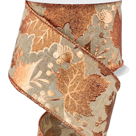 Wired Ribbon * Foil Leaf, Acorn and Berries * Beige/Copper * 2.5" x 10 Yards * RGE186501 * Canvas