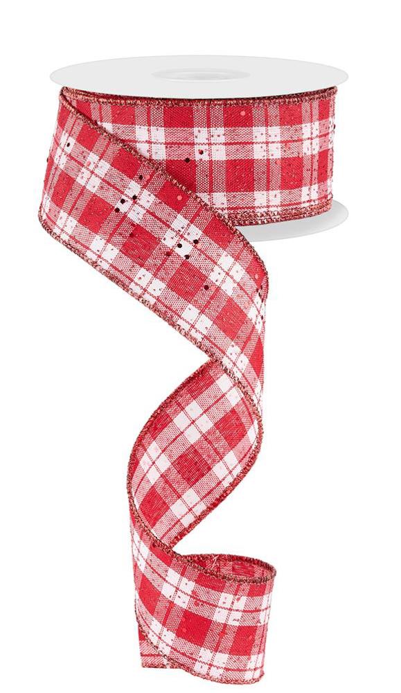 Wired Ribbon * Hex Glitter on Woven * Red and White * 1.5" x 10 Yards * Canvas * RGF1050KK