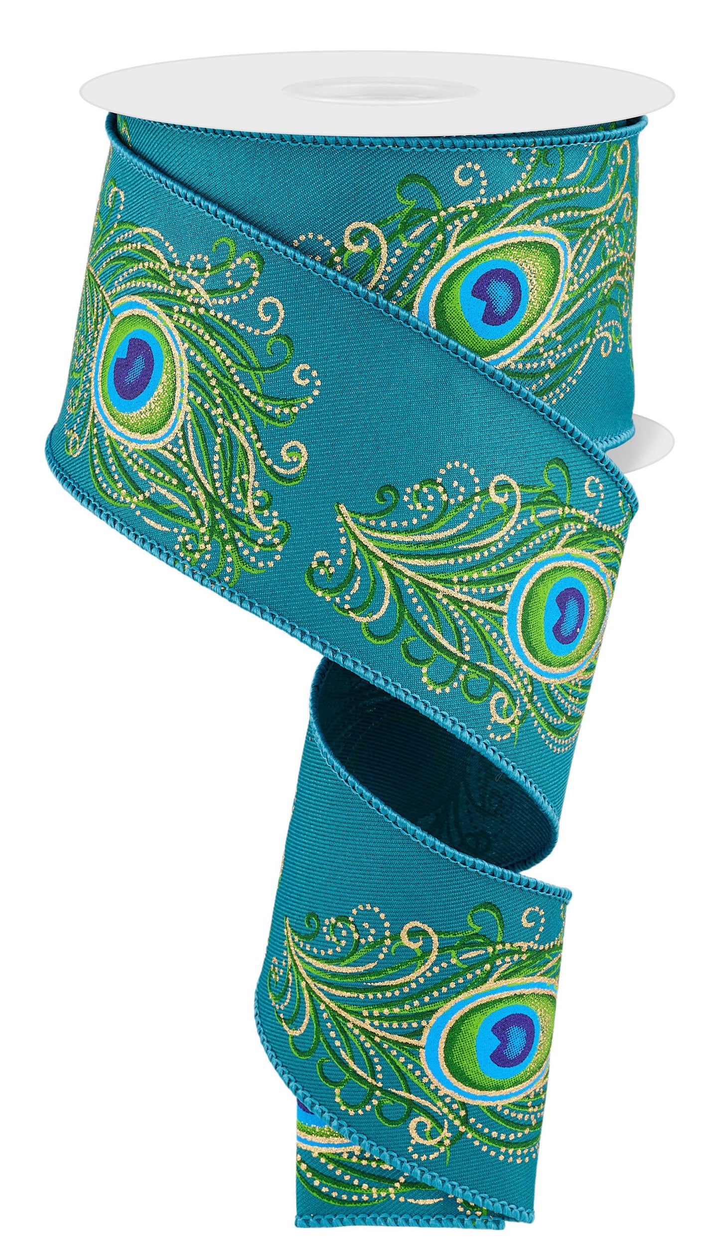 Wired Ribbon * Peacock Feathers * Teal, Green, Blue and Gold Canvas * 2.5" x 10 Yards * RGF108034