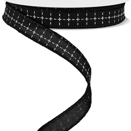 Wired Ribbon * Raised Stitch * Black and White Canvas * 5/8" x 10 Yards * RGF109002