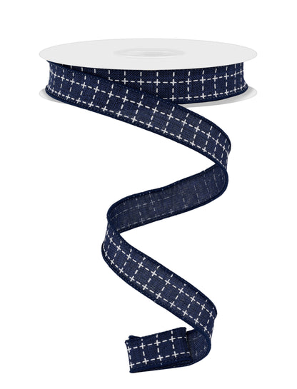 Wired Ribbon * Raised Stitch * Navy Blue and White Canvas * 5/8" x 10 Yards * RGF109019