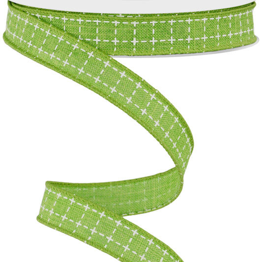 Wired Ribbon * Raised Stitch * Lime Green and White Canvas * 5/8" x 10 Yards * RGF1090E9