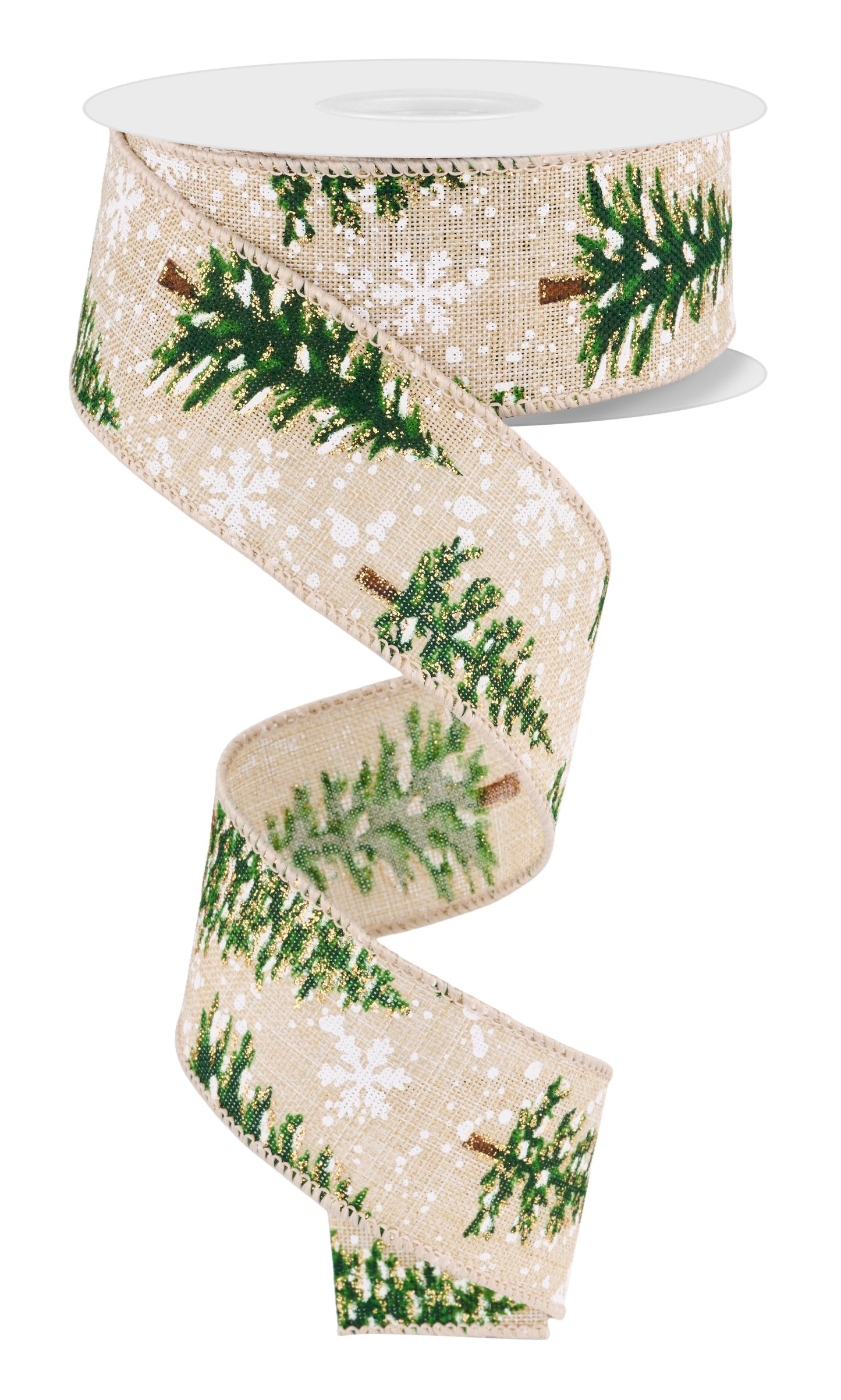 Wired Ribbon * Glittered Pine Trees * 1.5" x 10 Yards * Canvas * RGF1104