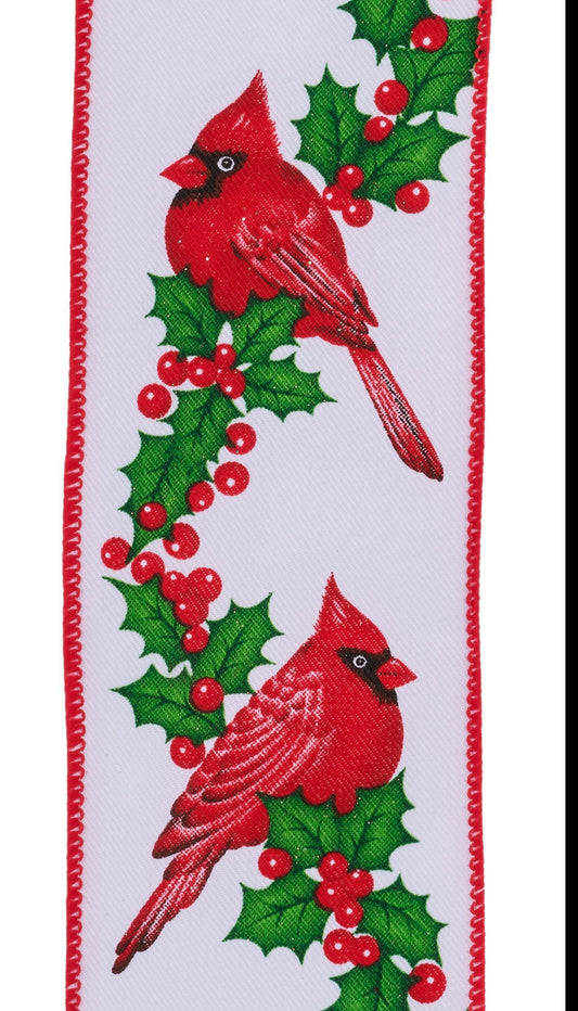 Wired Ribbon * Cardinal With Holly * Canvas * 2.5" x 10 Yards * RGF115027