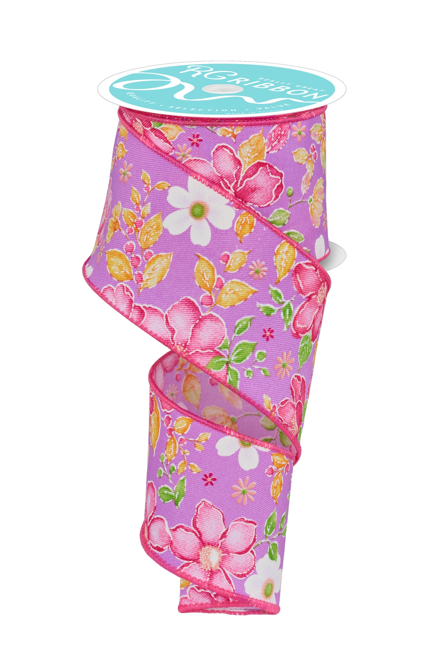 Wired Ribbon * Watercolor Flowers * Purple, Pink, Green, Orange * 2.5" x 10 Yards Canvas * RGF115723