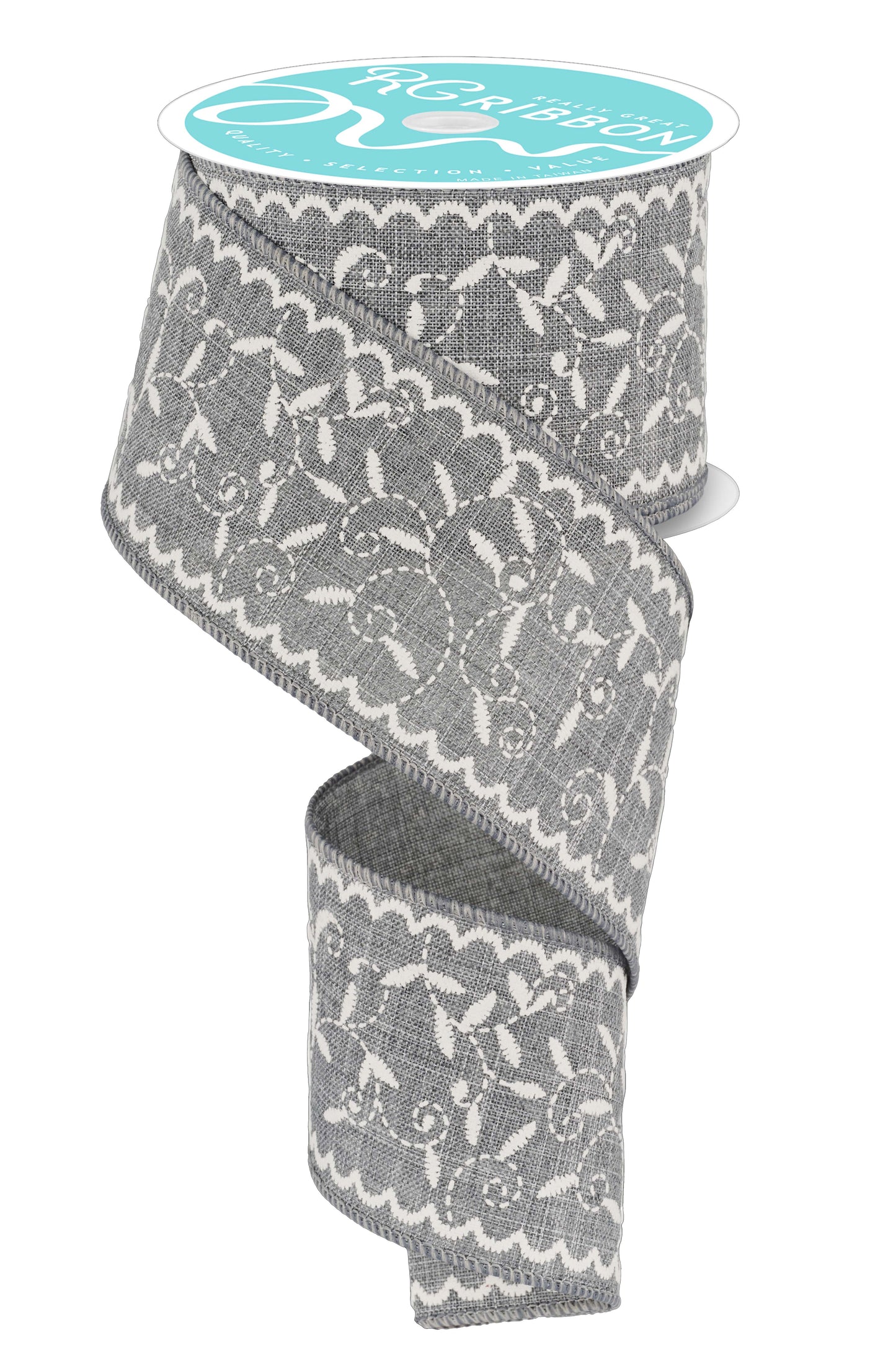 Wired Ribbon * Stitch Mini Leaf * New Grey and White * 2.5" x 10 Yards Canvas * RGF116810