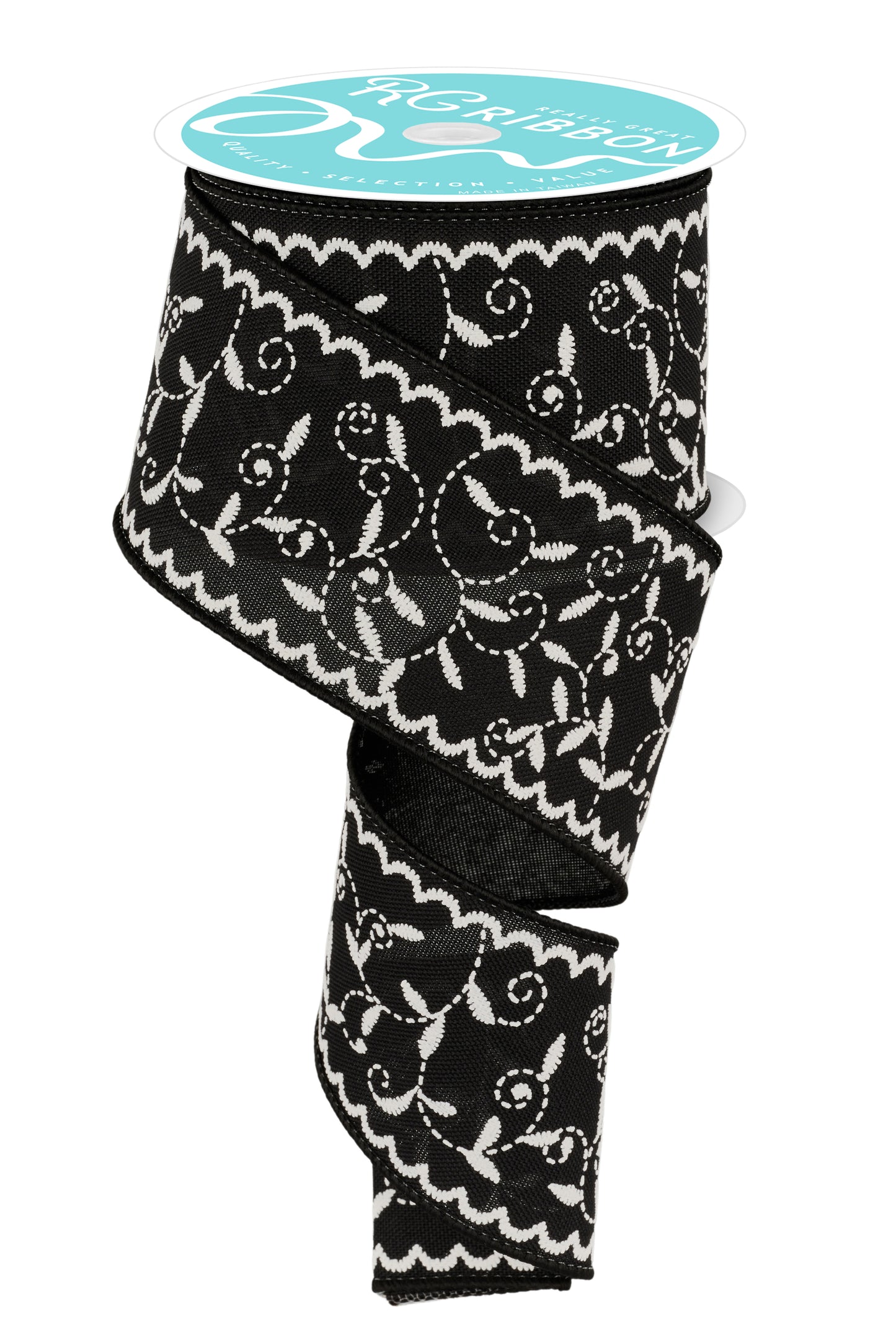 Wired Ribbon * Stitch Mini Leaf * Black and White * 2.5" x 10 Yards Canvas * RGF116902