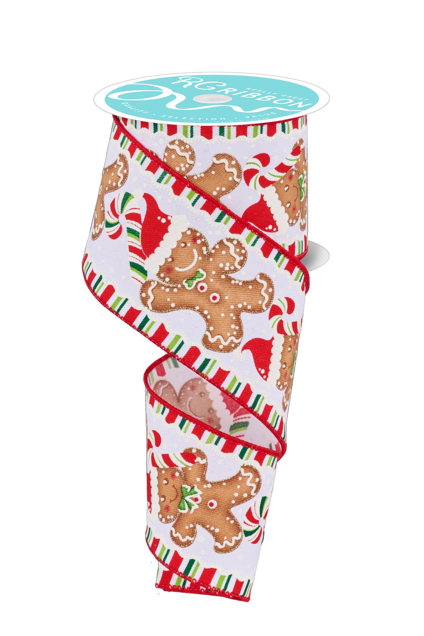 Wired Ribbon * Gingerbread w/Santa Hat * White/Red/Brown/Green* 2.5" x 10 Yards * Canvas * RGF123027