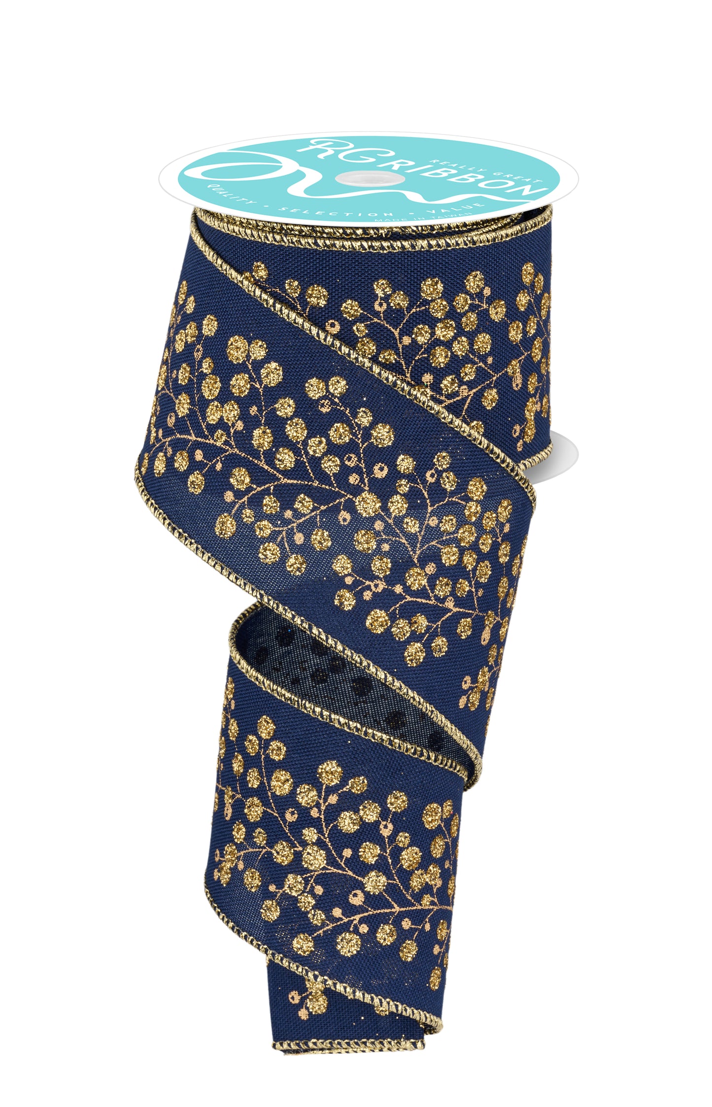 Wired Ribbon * Golden Berries * Navy/Gold Canvas * 2.5" x 10 Yards * RGF126319