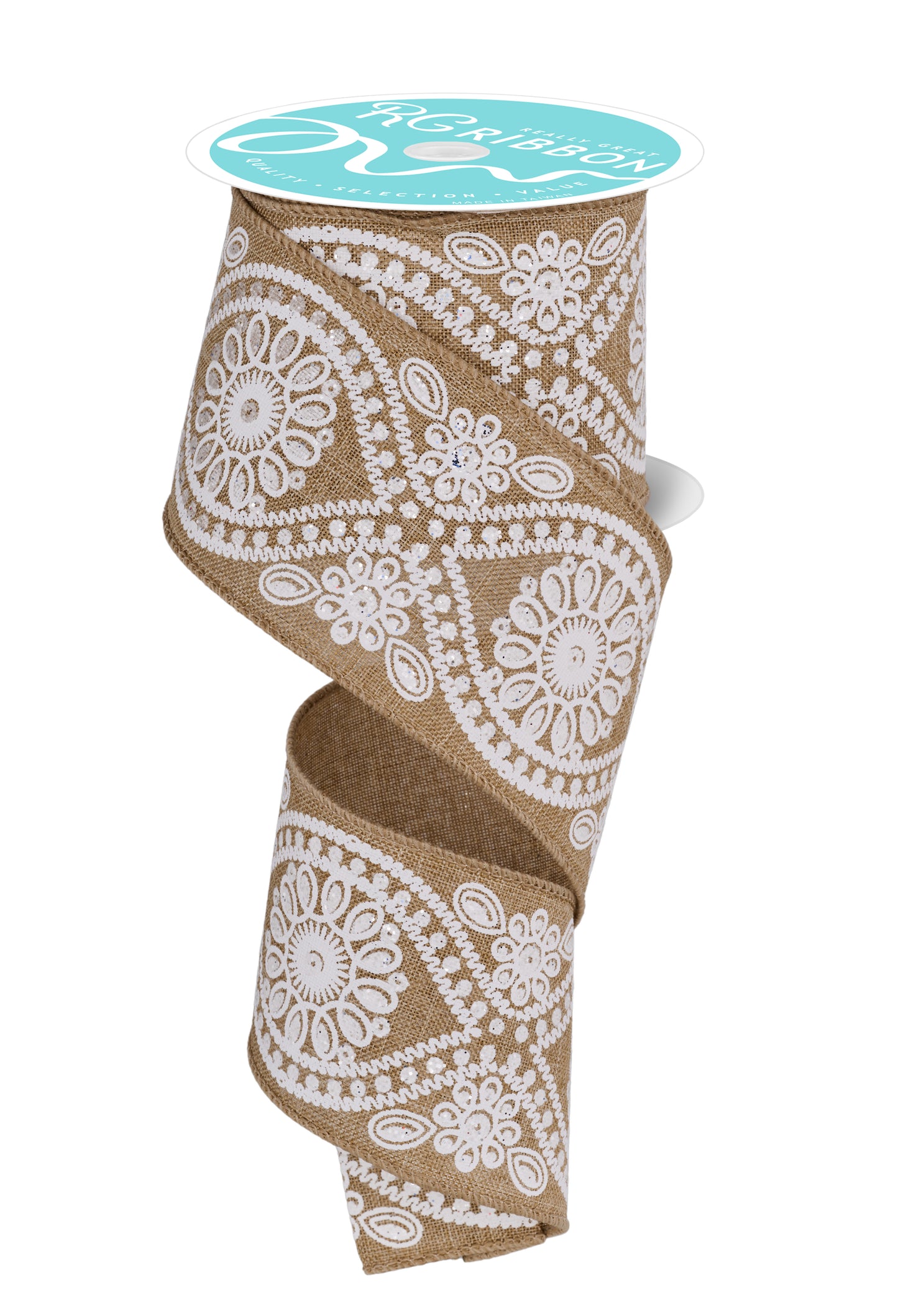 Wired Ribbon * Deluxe Wavy Floral * Lt. Beige/White Canvas * 2.5" x 10 Yards * RGE1962XR