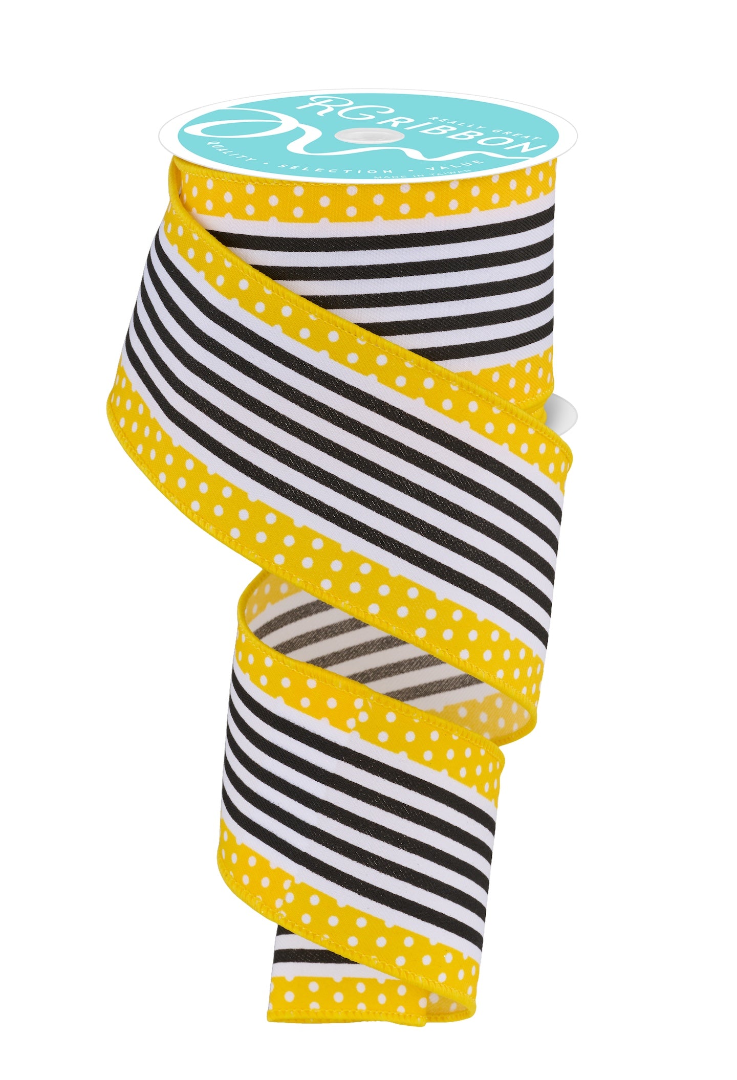 Wired Ribbon * Vertical Stripe/Polka Dots * White/Yellow/Black Canvas * 2.5" x 10 Yards * RGF1301CJ