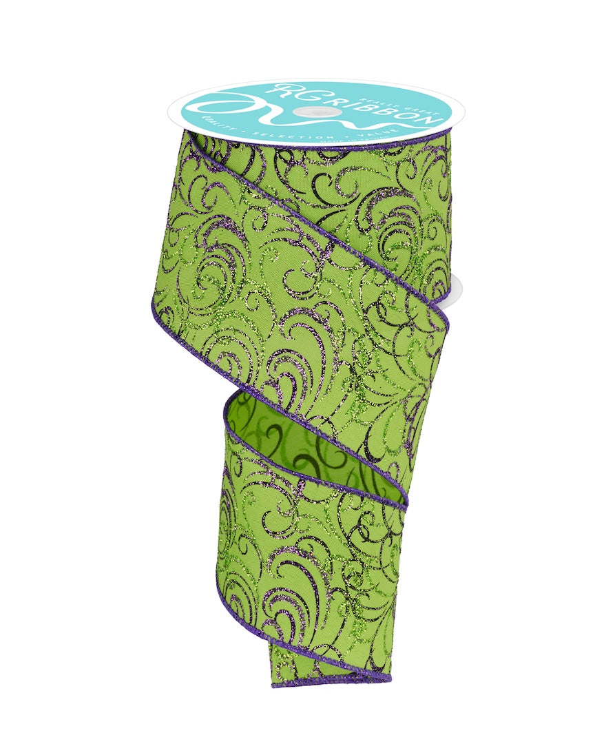 Wired Ribbon * Multi Swirls * Black/Purple/Lime * 2.5" x 10 Yards * RGF133133