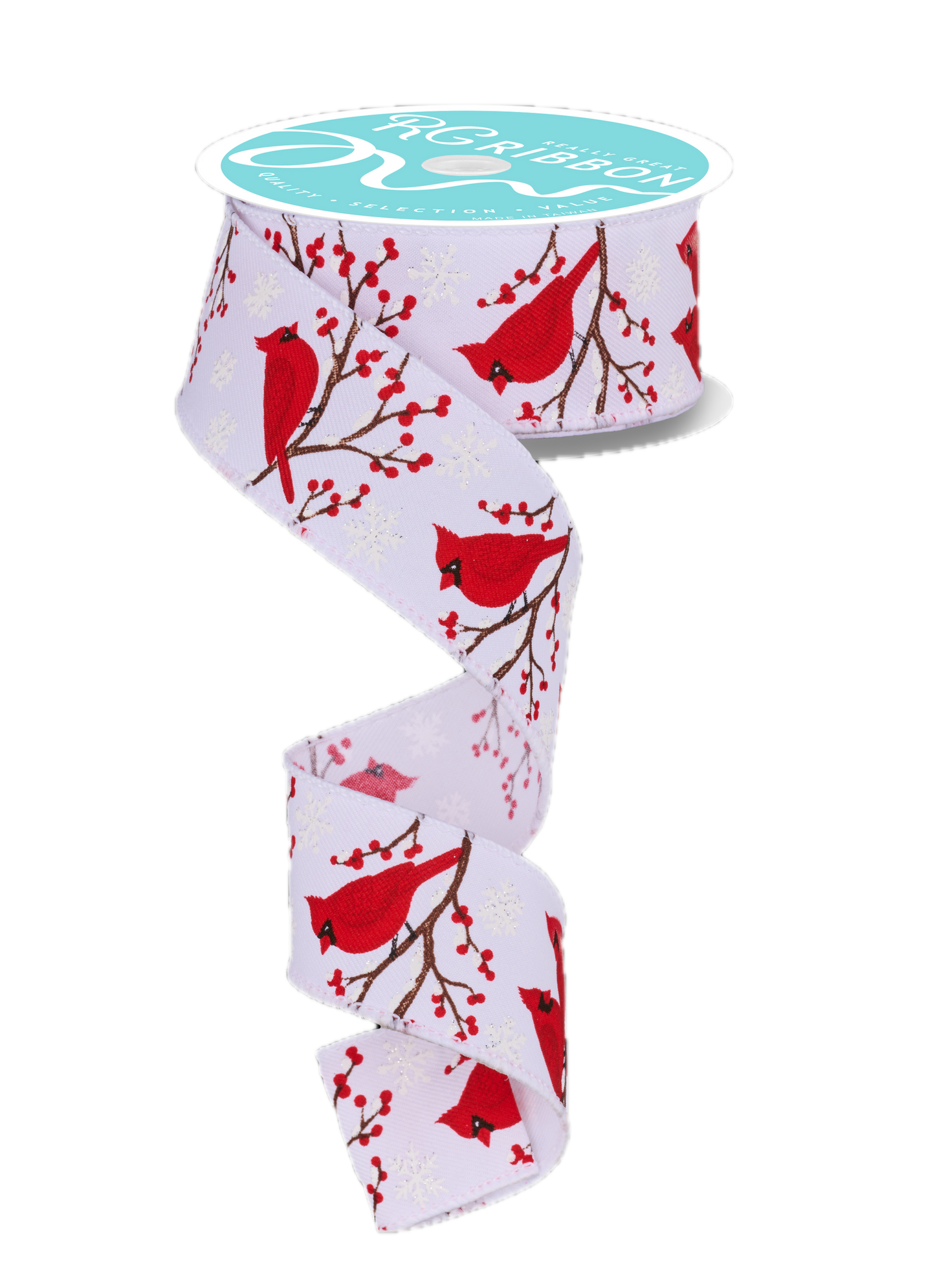 Wired Ribbon * Cardinal on Branch * White, Red. Brown and Black Canvas * 1.5" x 10 Yards * RGF135827