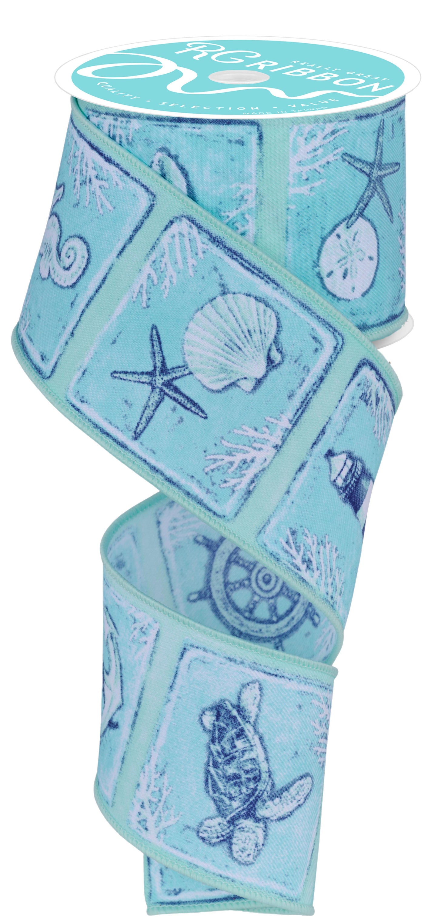 Wired Ribbon * Coastal Blocks * White, Navy, Turquoise on Dk. Mint * 2.5" x 10 Yards * Canvas * RGF141003