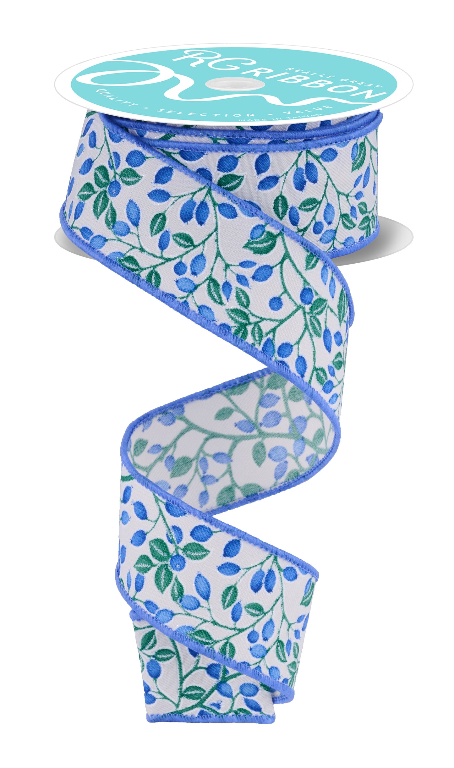 Wired Ribbon * Mini Berries On Vines * Ivory, White, Blue, Green * 1.5" x 10 Yards * RGF171330