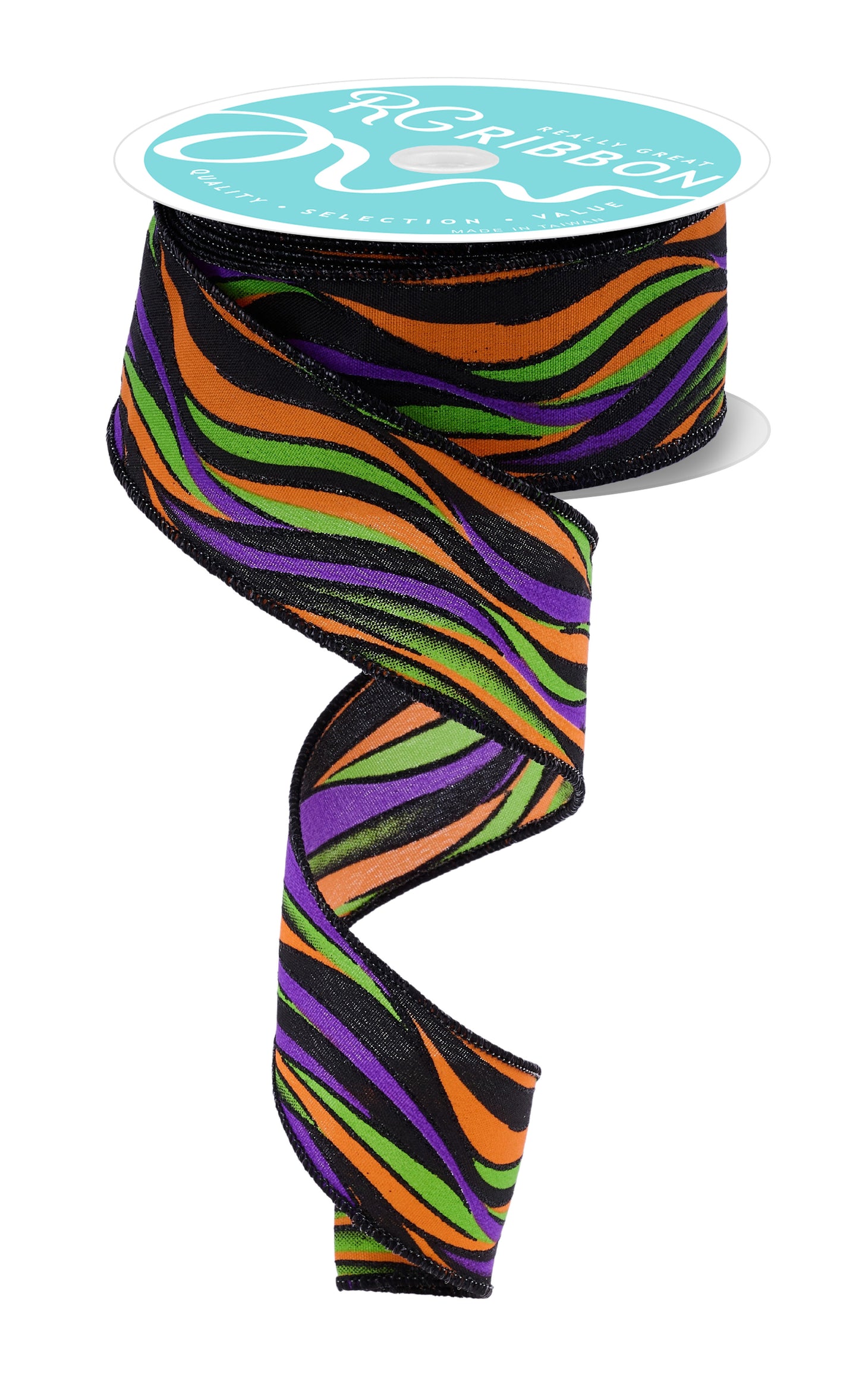 Wired Ribbon * Wavy Stripes * Lime/Purple/Black/Orange * 1.5" x 10 Yards Canvas * RGF1936RW