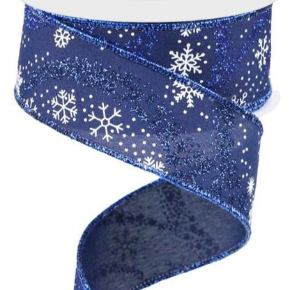 Wired Ribbon * Snowflake Swirl * Navy Blue, White and Silver * 1.5" x 10 Yards * Canvas * RW815325