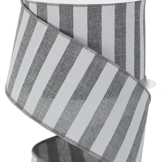 Wired Ribbon * Horizontal Stripe * Grey and White Canvas * 2.5" x 10 Yards * RX91495X