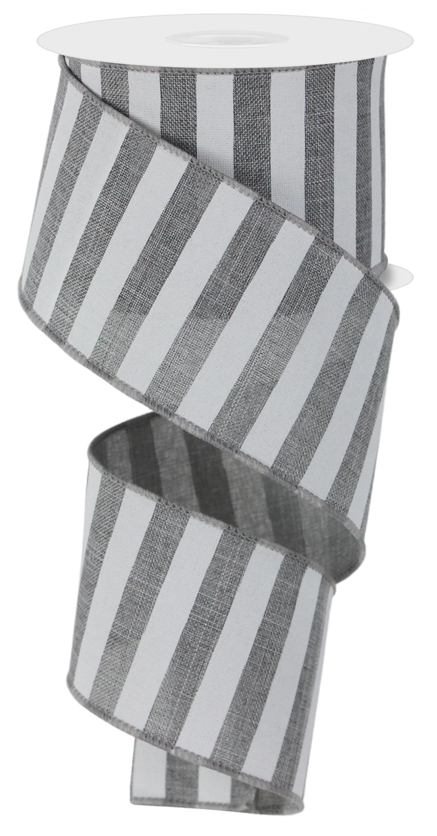 Wired Ribbon * Horizontal Stripe * Grey and White Canvas * 2.5" x 10 Yards * RX91495X