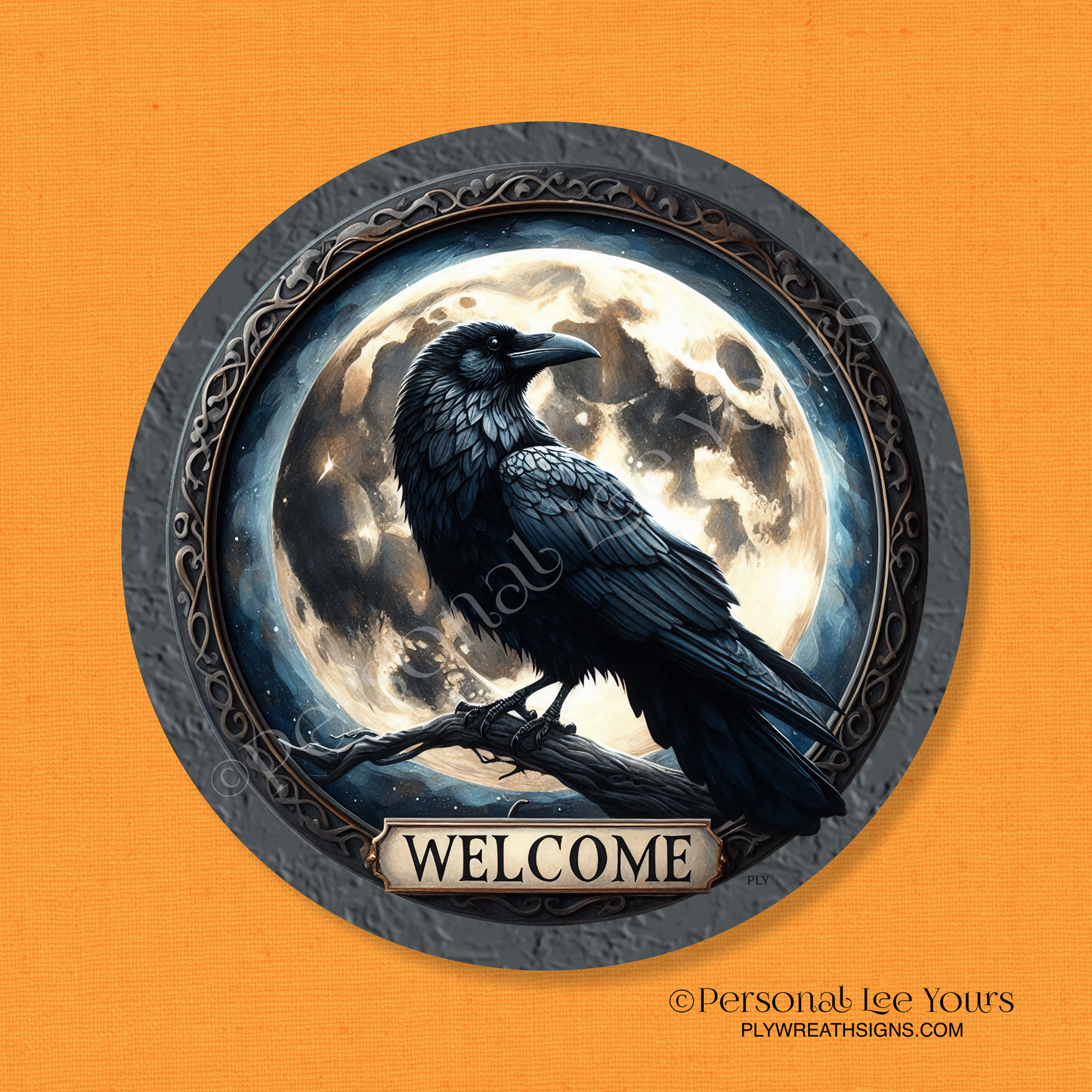 Wreath Sign * Halloween, Raven Welcome * Round * Lightweight Metal