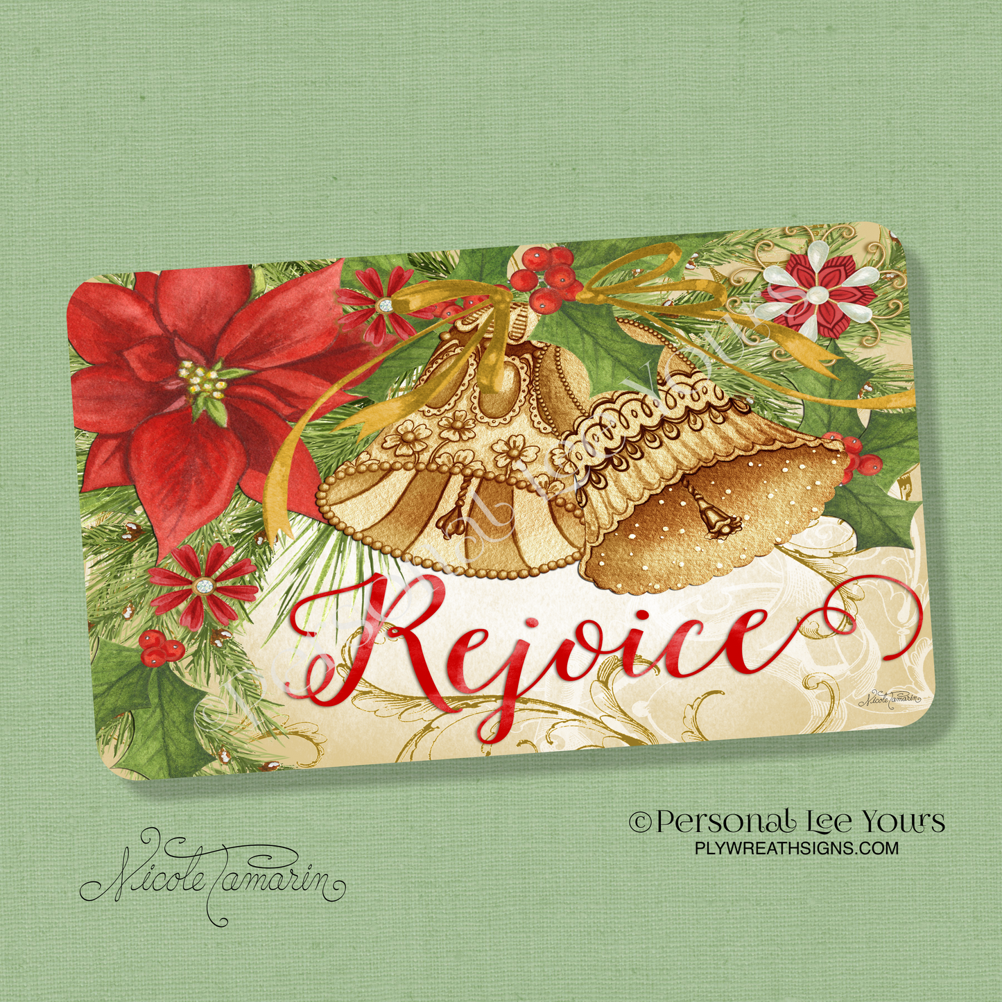 Nicole Tamarin Exclusive Sign * Rejoice Christmas Bells * Horizontal * 3 Sizes * Lightweight Metal