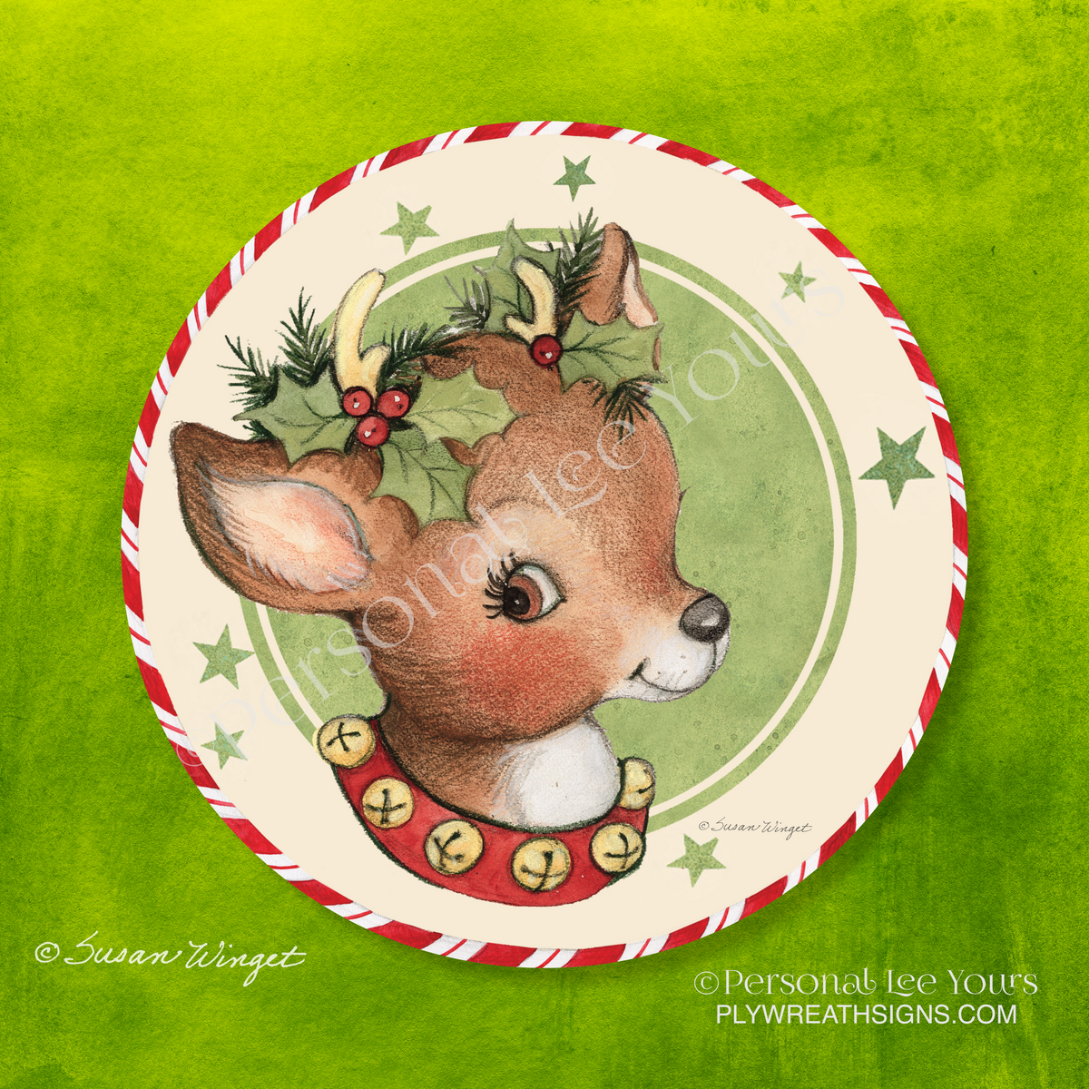 Susan Winget Exclusive Sign * Retro Reindeer * Round * Lightweight Metal