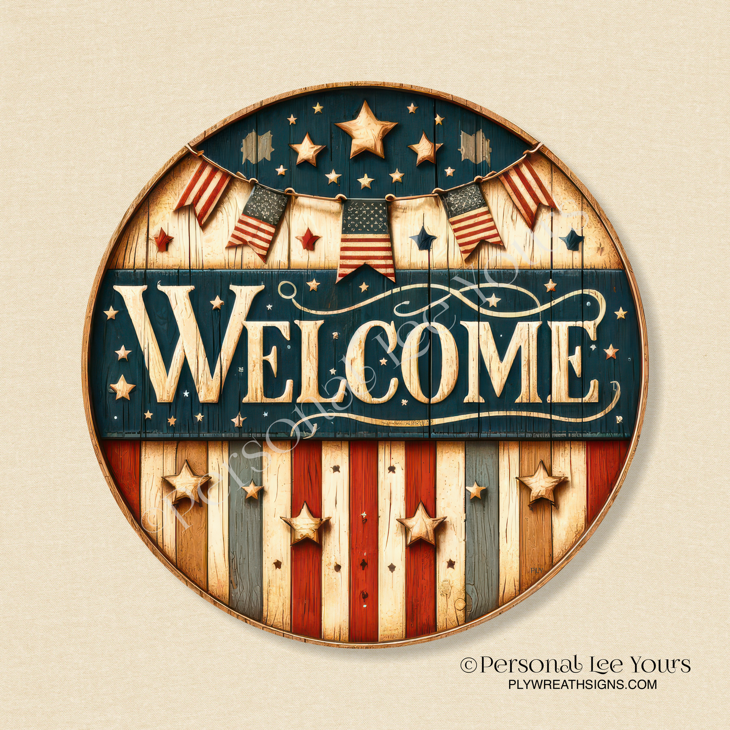 Wreath Sign * Rustic Patriotic Welcome * Round * Lightweight Metal