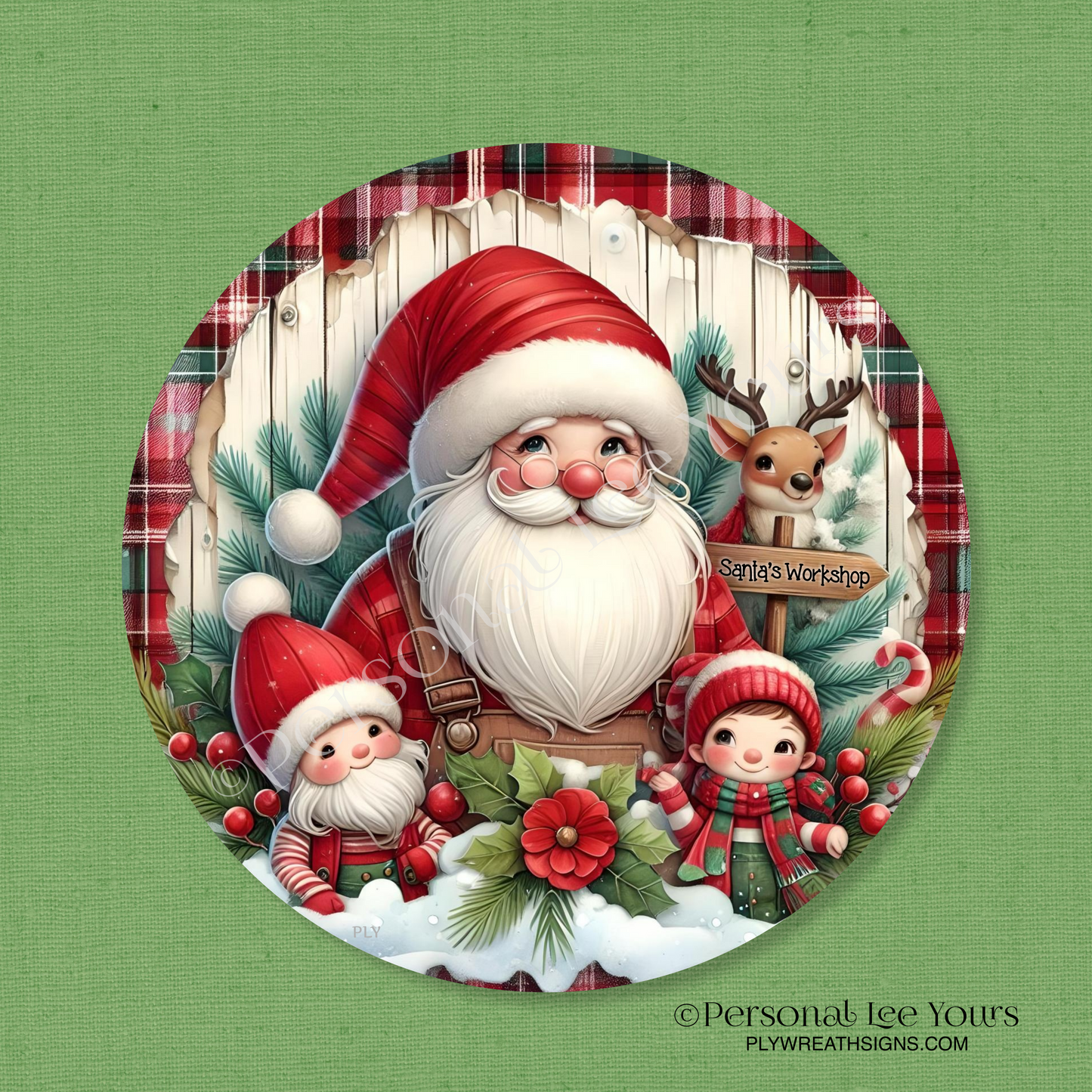 Christmas Wreath Sign * Santa's Workshop * Round * Lightweight Metal