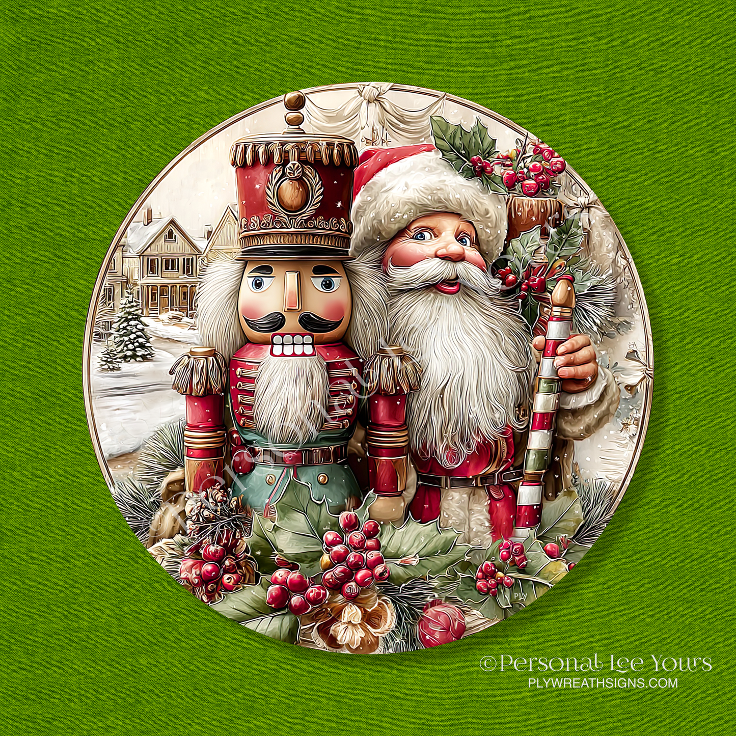 Christmas Wreath Sign * Santa and Nutcracker * Round * Lightweight Metal