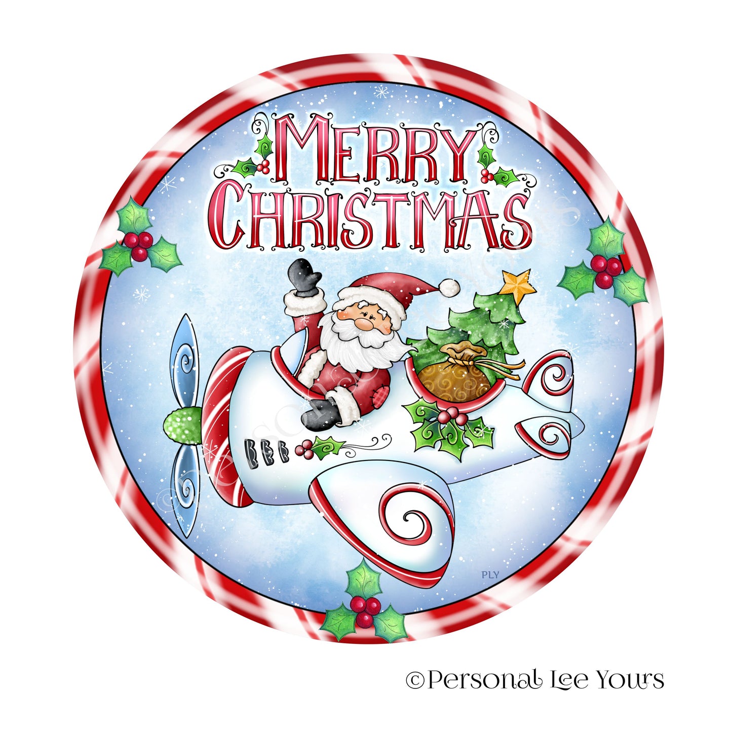 Holiday Wreath Sign * Merry Christmas Santa In His Plane * Round * Lightweight Metal