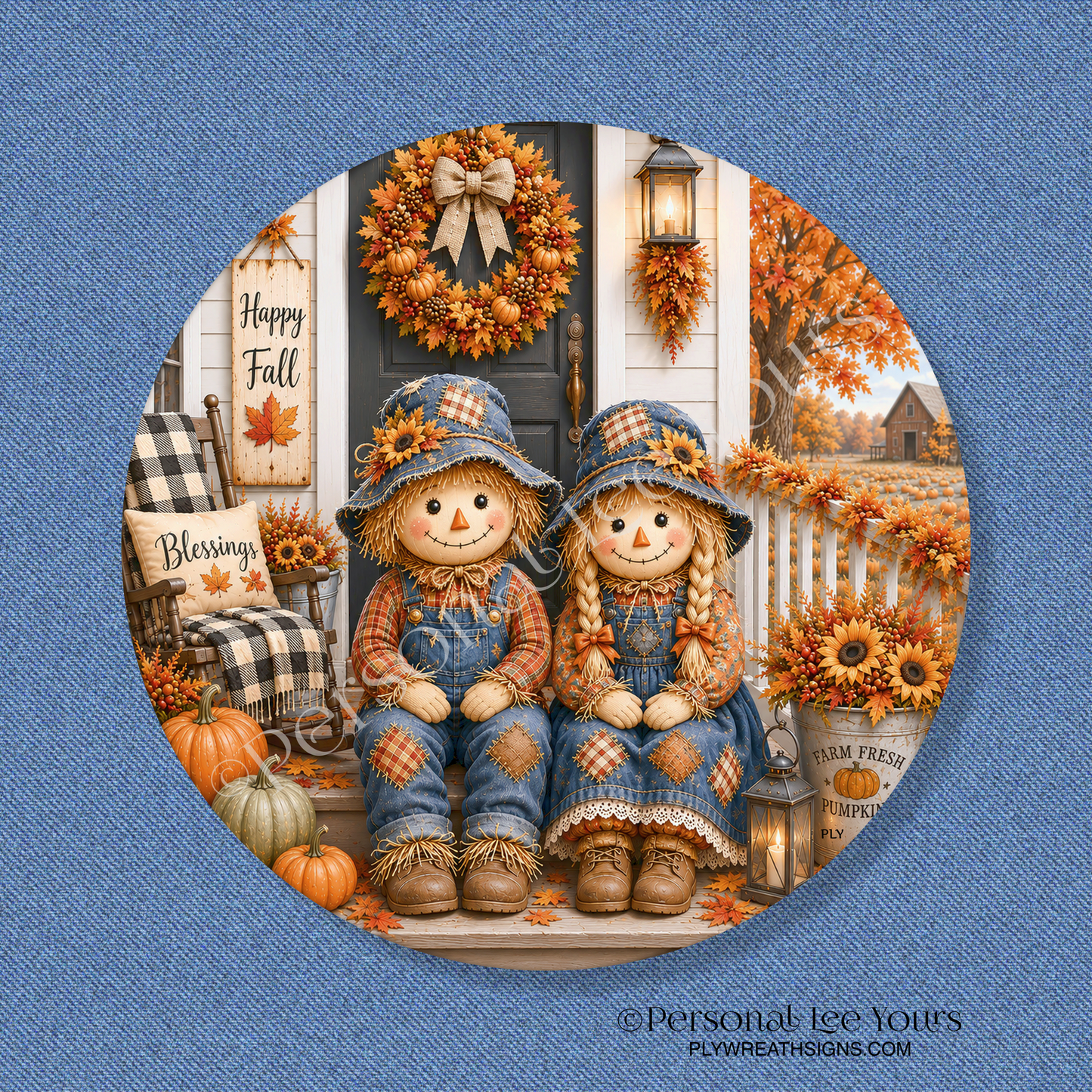 Wreath Sign * Scarecrow Couple * Round * Lightweight Metal