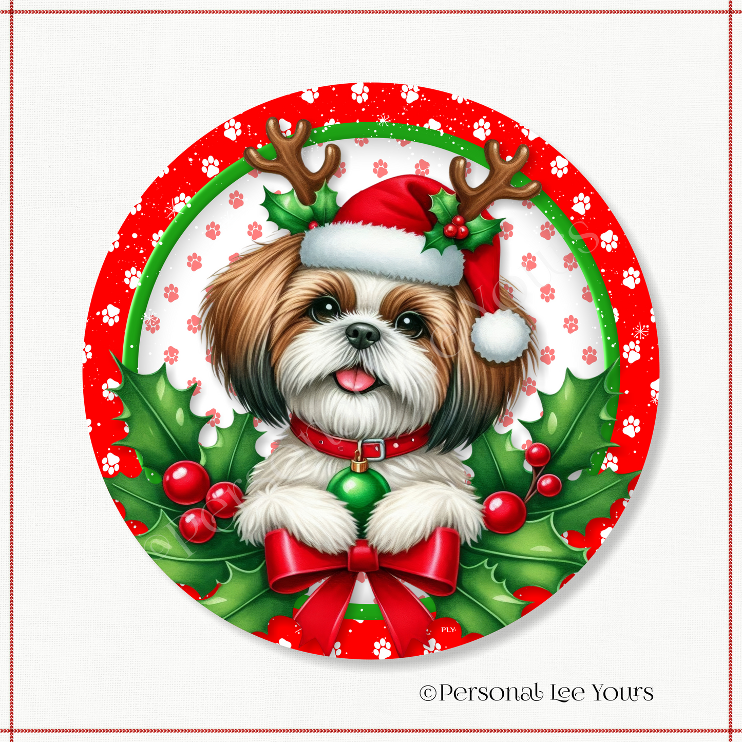 Holiday Wreath Sign * Christmas, Shih Tzu * Round * Lightweight Metal