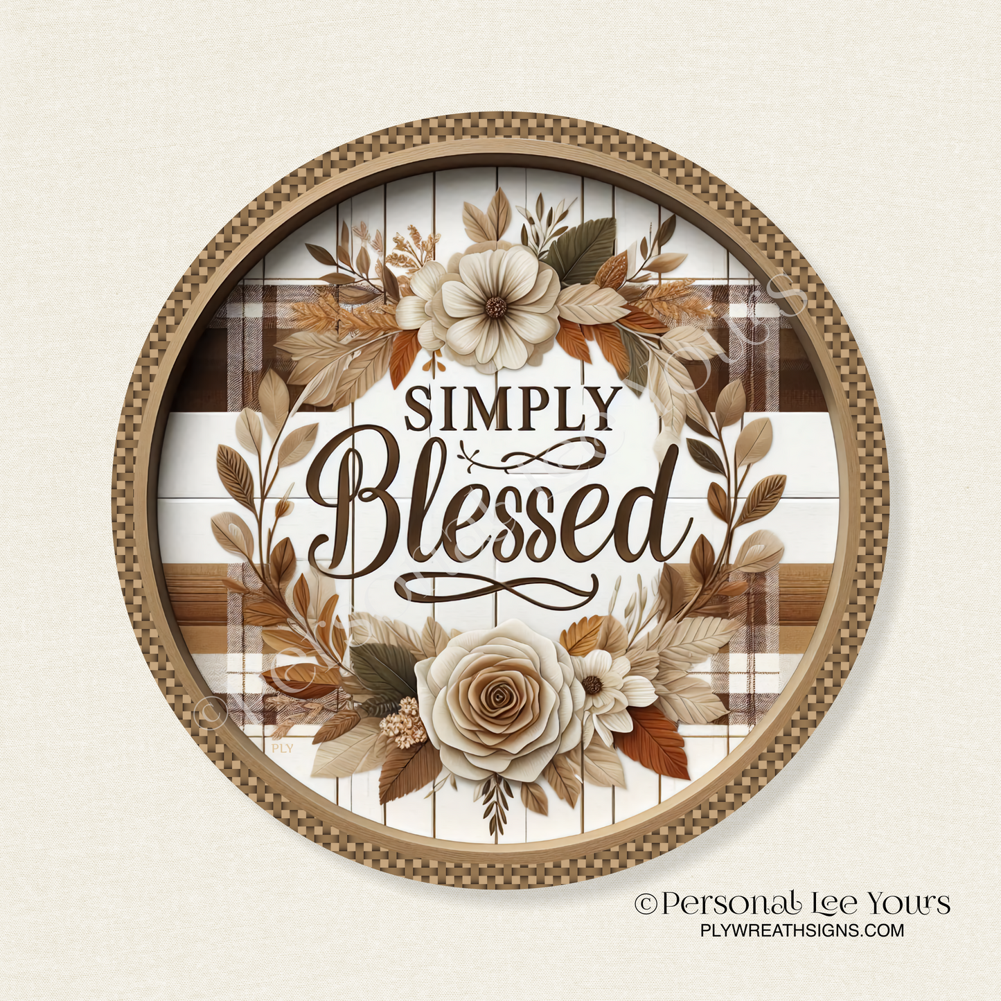 Wreath Sign * Simply Blessed, Earth Tones * Round * Lightweight Metal