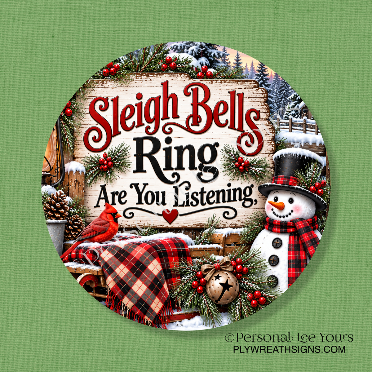 Holiday Wreath Sign * Sleigh Bells Ring * Round * Lightweight Metal