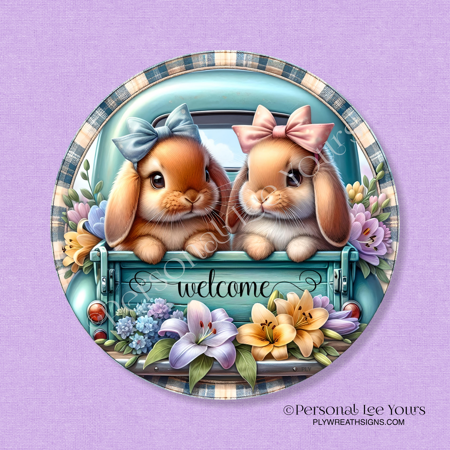 Wreath Sign * Spring Welcome Bunnies * Round * Lightweight Metal