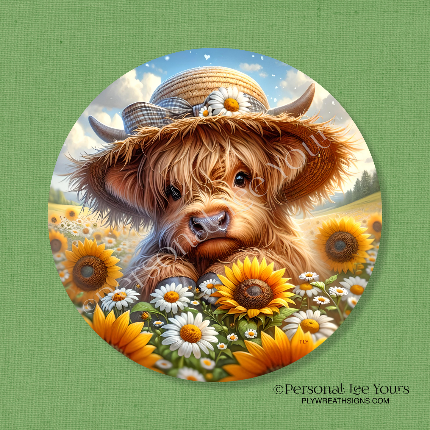 Wreath Sign * Sunflowers and Daisies, Highland Cow * Round * Lightweight Metal