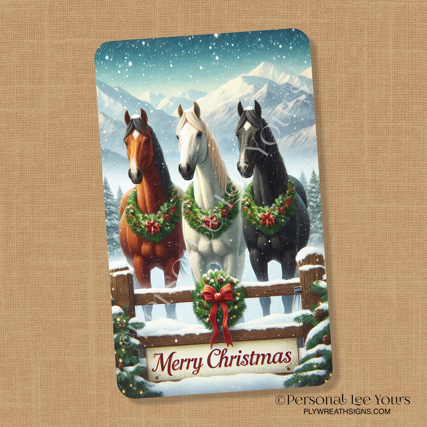 Wreath Sign * Three Horse Christmas * Vertical * 3 Sizes * Lightweight Metal