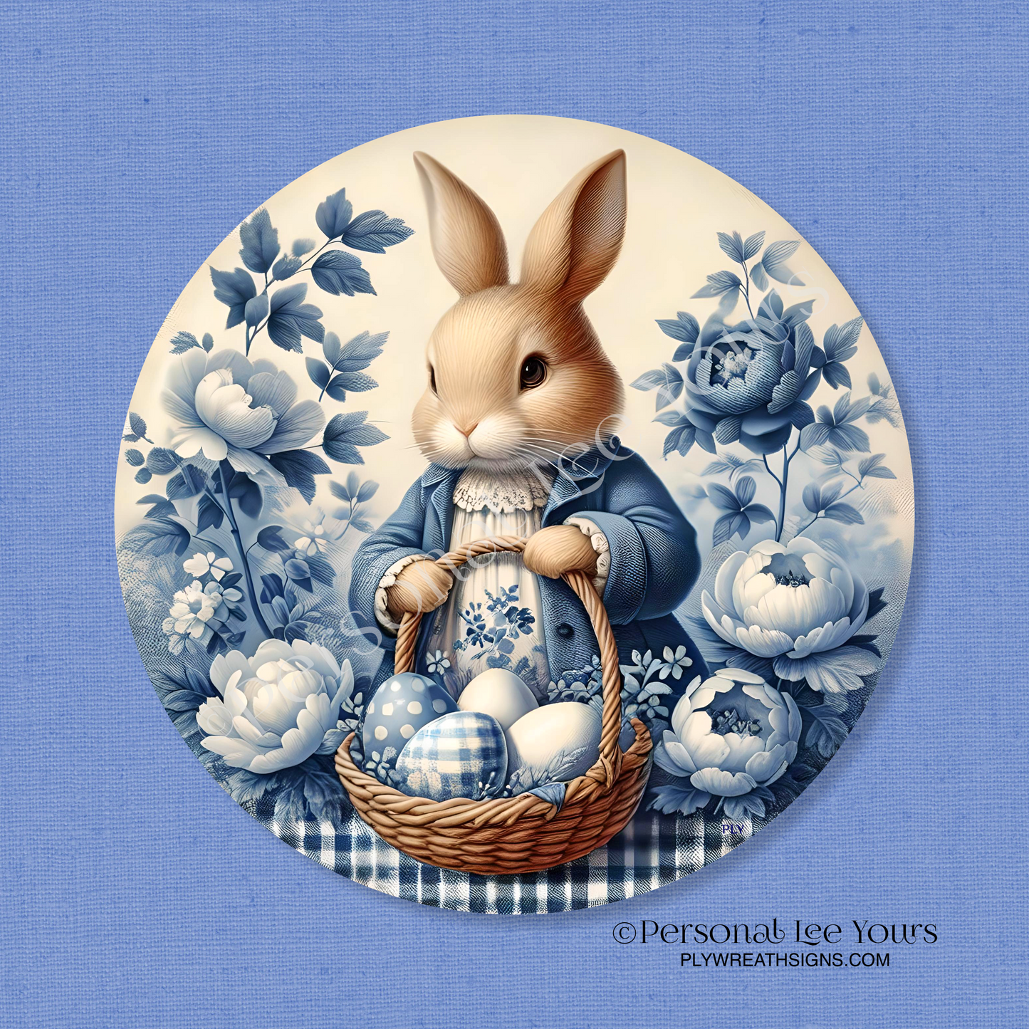 Easter Wreath Sign * Vintage Rabbit, Blue Delft * Round * Lightweight Metal