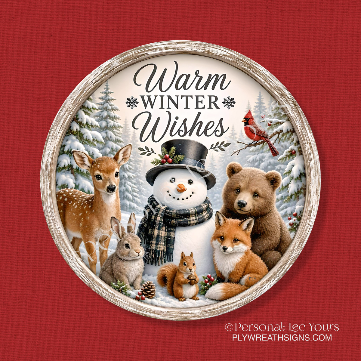 Wreath Sign * Warm Winter Wishes in the Forest * Round * Lightweight Metal