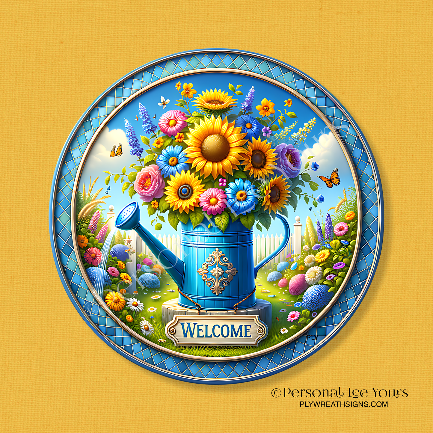 Wreath Sign * Water Can Welcome * Round * Lightweight Metal