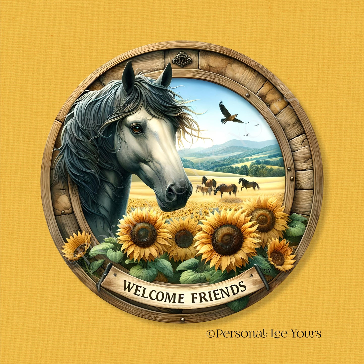 Wreath Sign * Welcome Friends, Horse and Sunflowers * Round * Lightweight Metal