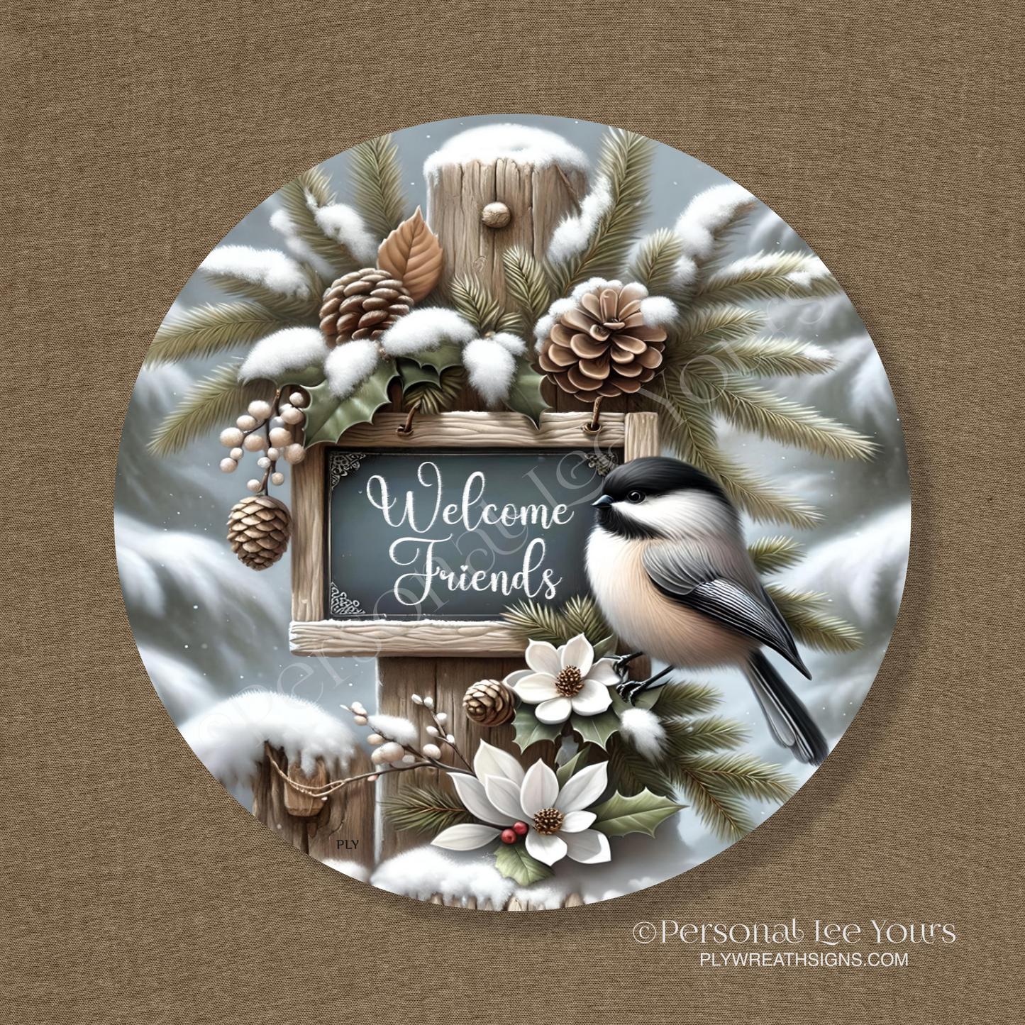 Wreath Sign * Welcome Friends Chickadee * Round * Lightweight Metal