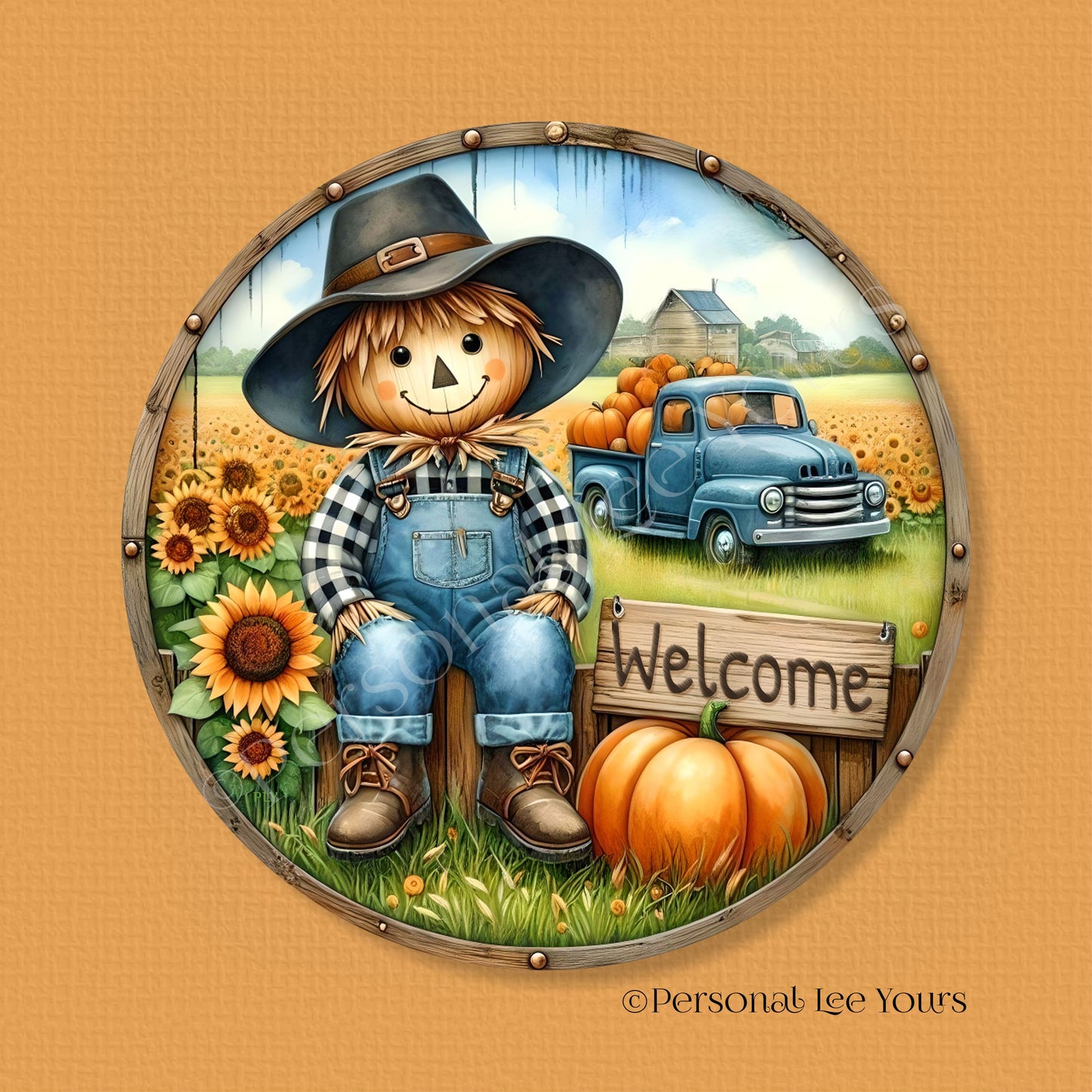 Wreath Sign * Welcome Scarecrow Pumpkin Patch * Round * Lightweight Metal