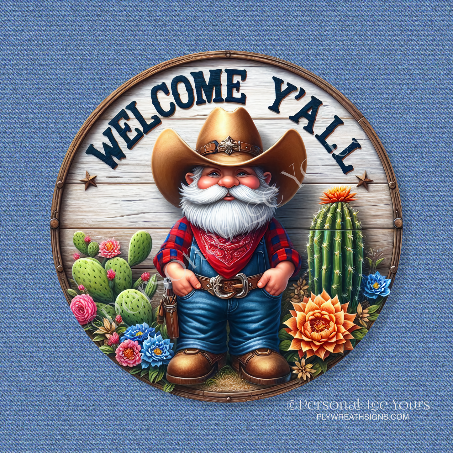 Wreath Sign * Welcome Y'all, Cowboy/Farmer * Round * Lightweight Metal