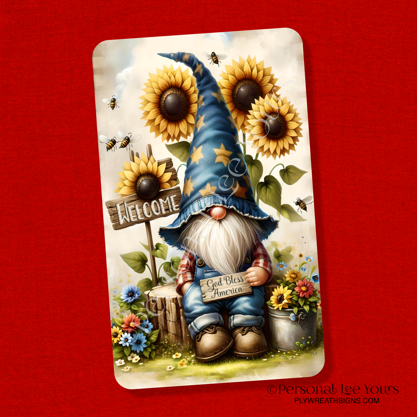 Wreath Sign * Welcome & God Bless America Gnome * Vertical * 4 Sizes * Lightweight Metal