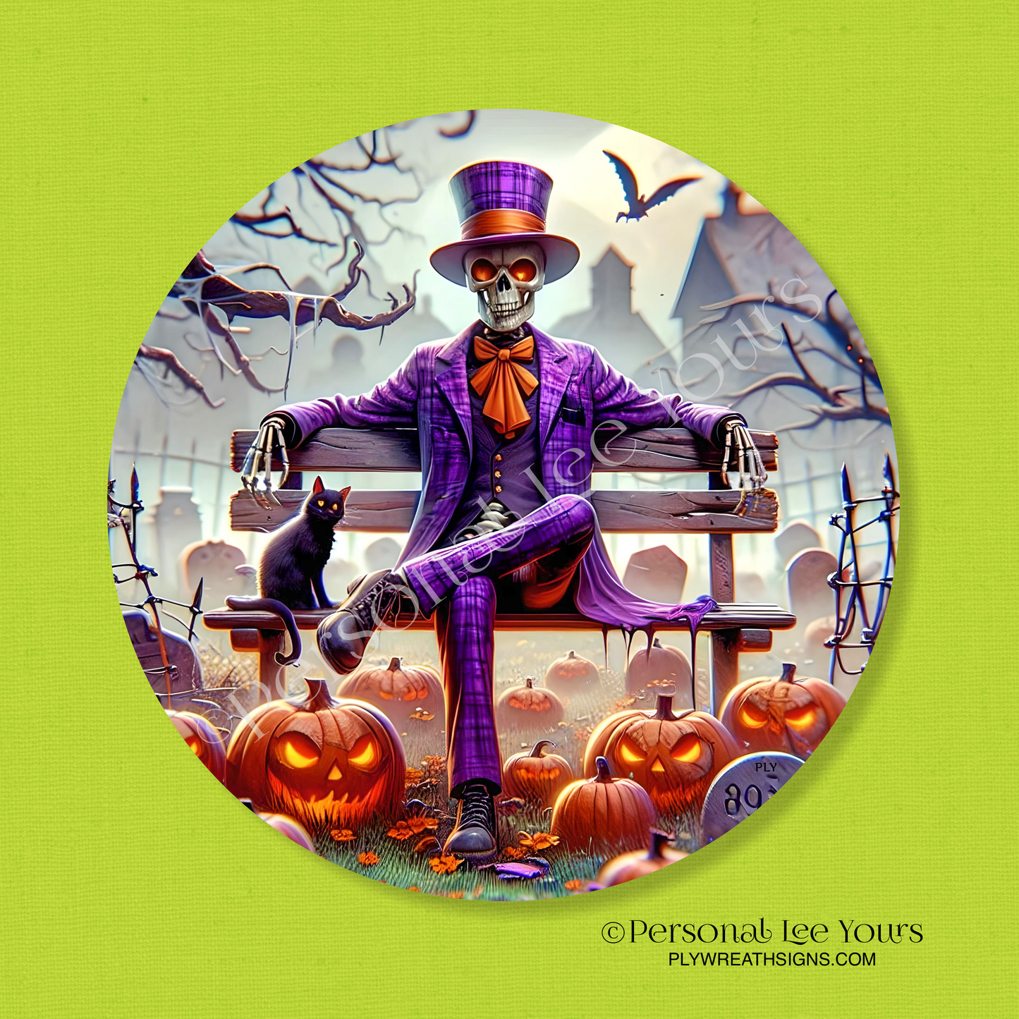 Wreath Sign * Halloween, Well Dressed Skeleton 1 * Round * Lightweight Metal