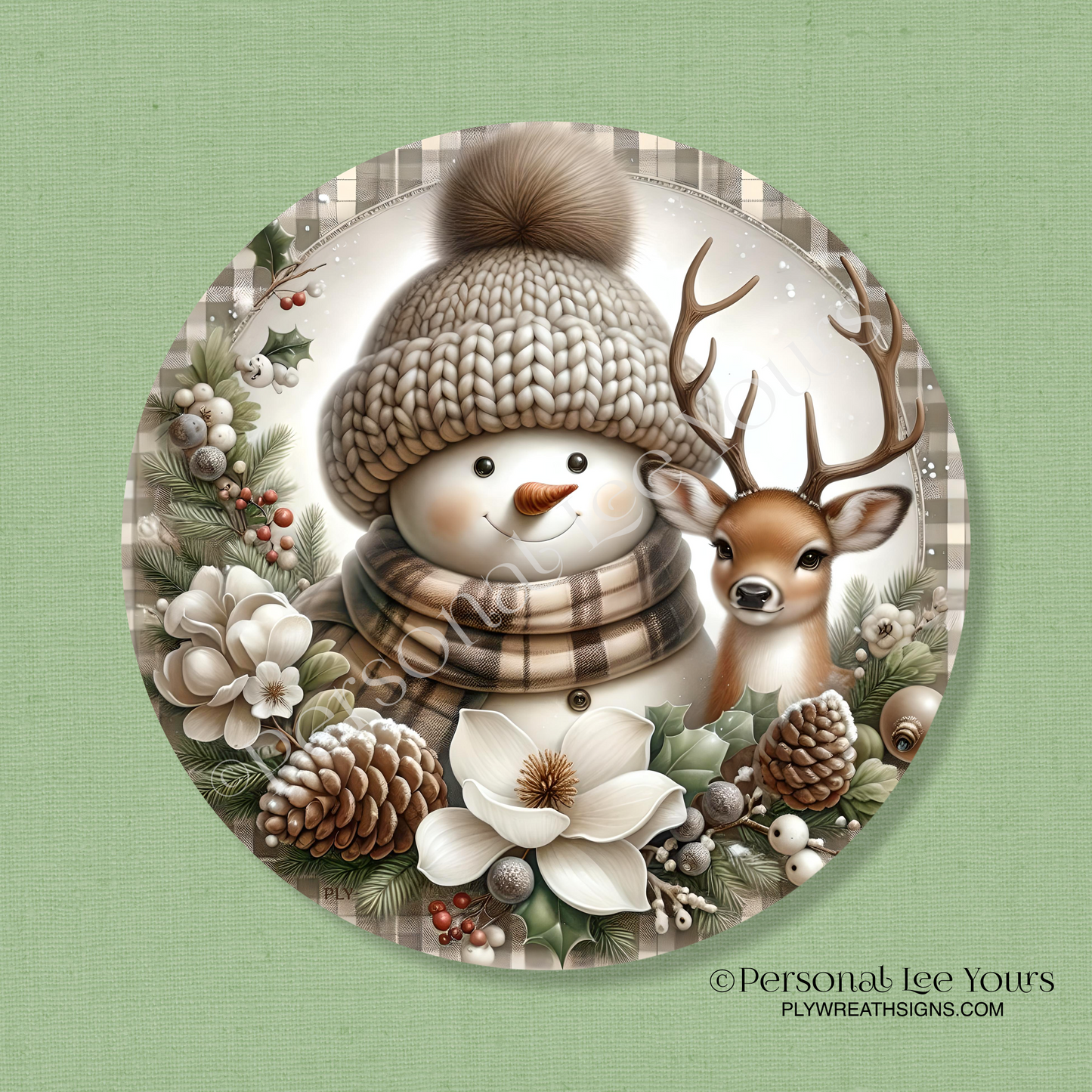 Wreath Sign * Winter Snowman With Deer * Round * Lightweight Metal